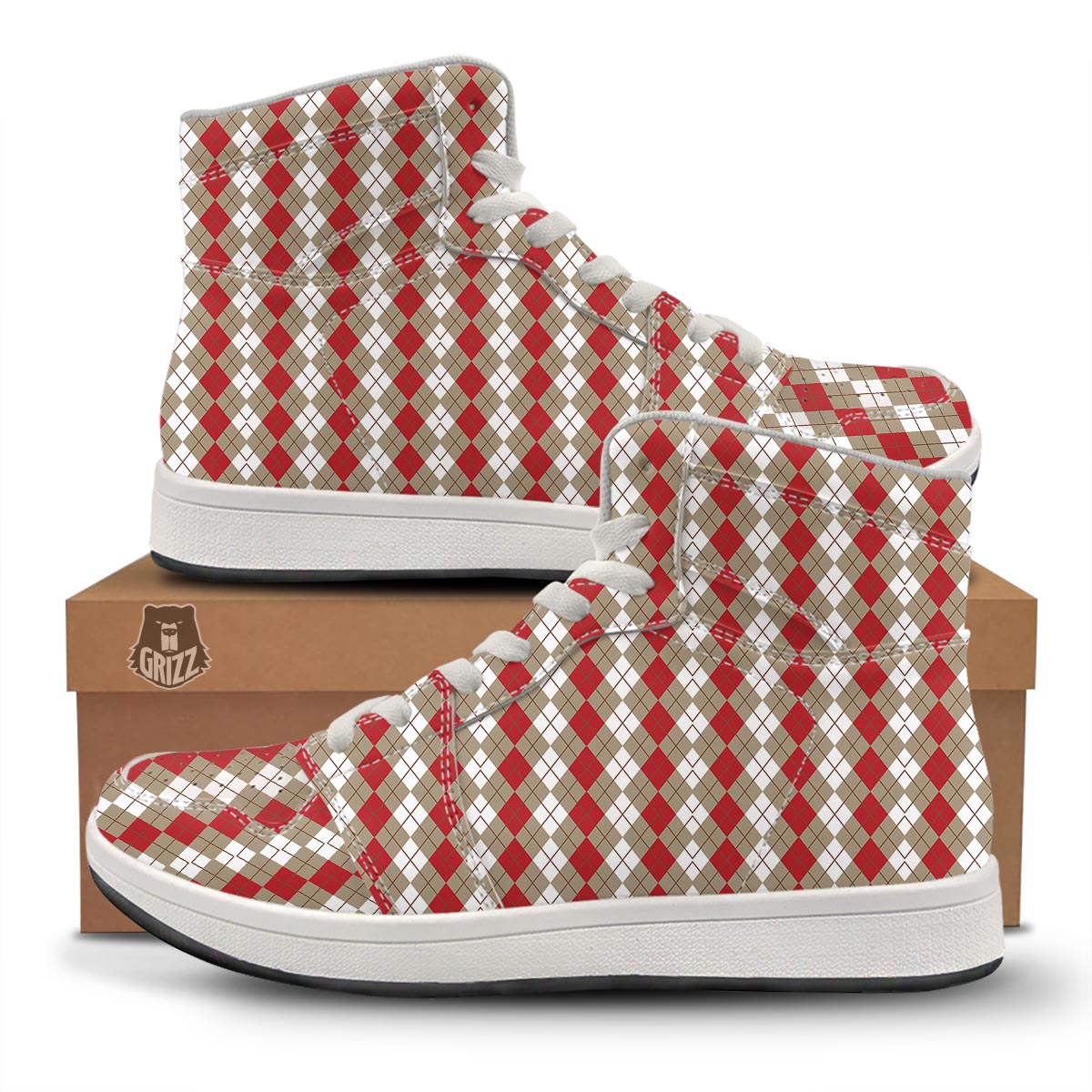 White Argyle And Beige Red Print Pattern High Top Sneakers-grizzshop