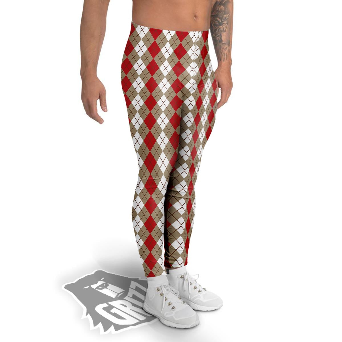 White Argyle And Beige Red Print Pattern Men's Leggings-grizzshop