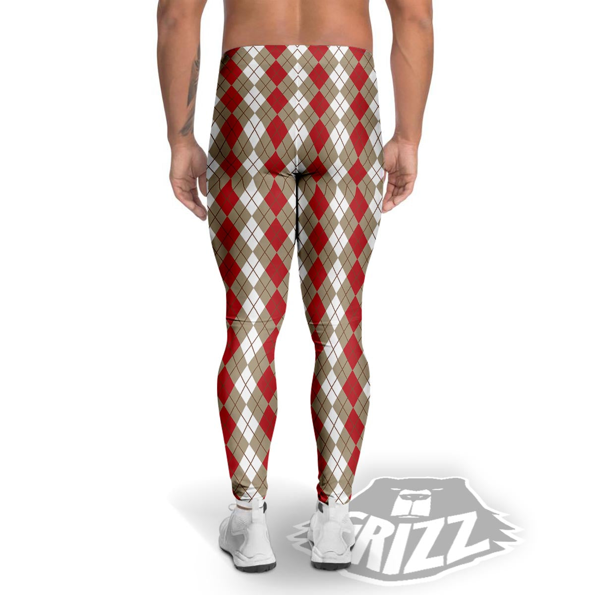 White Argyle And Beige Red Print Pattern Men's Leggings-grizzshop