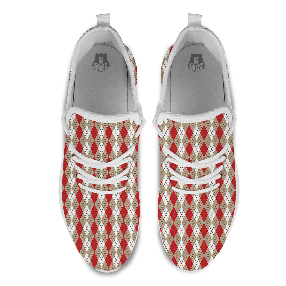 White Argyle And Beige Red Print Pattern White Athletic Shoes-grizzshop