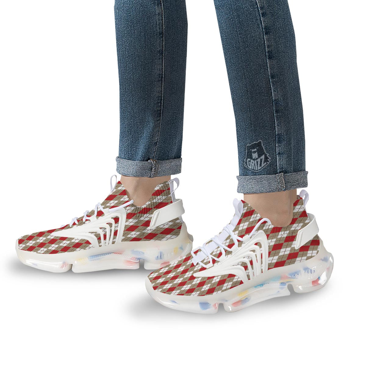 White Argyle And Beige Red Print Pattern White Gym Shoes-grizzshop