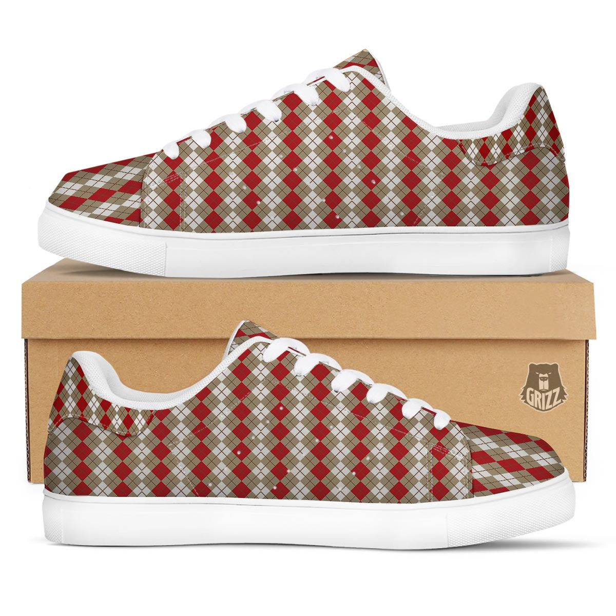 White Argyle And Beige Red Print Pattern White Low Top Sneakers-grizzshop