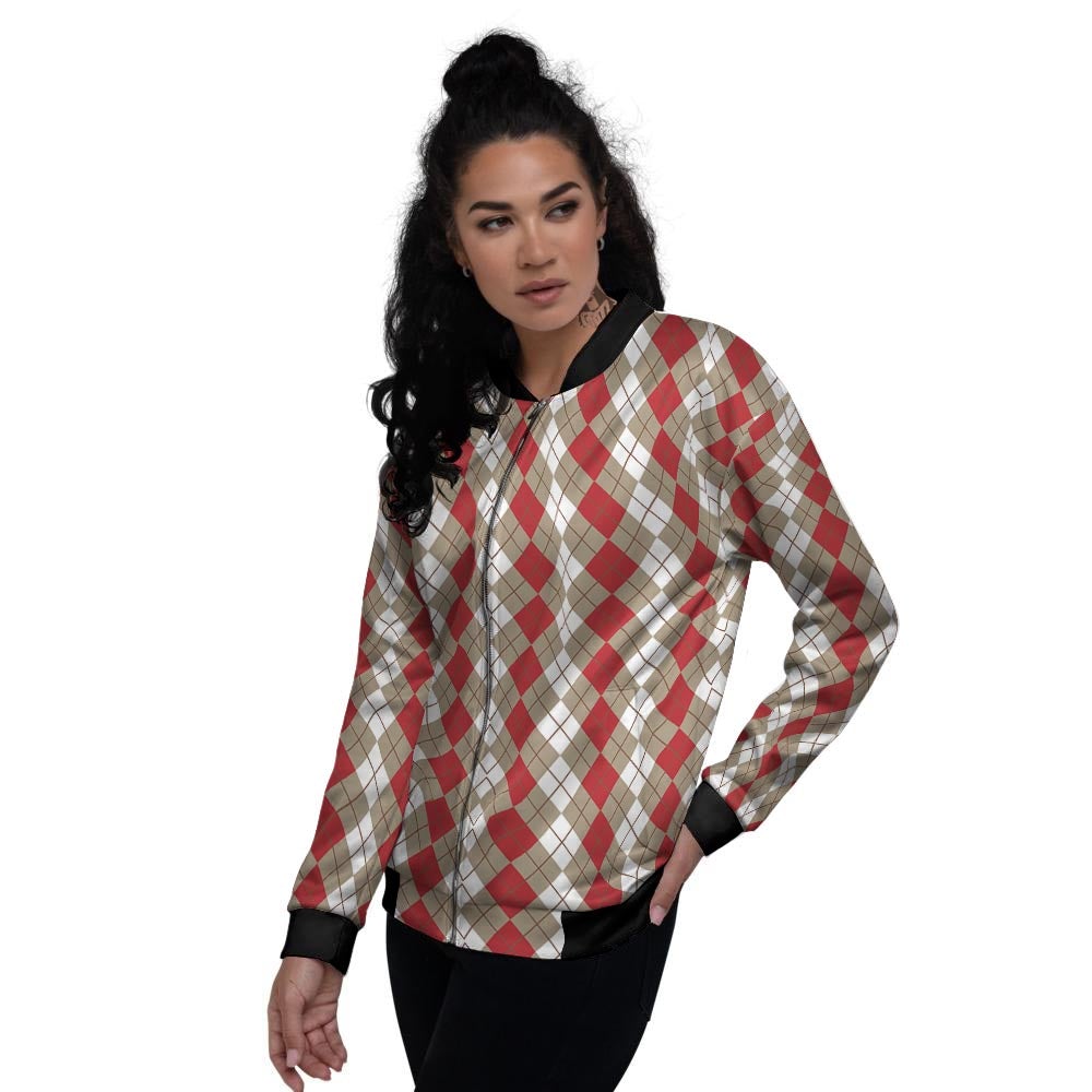 White Argyle And Beige Red Print Pattern Women's Bomber Jacket-grizzshop