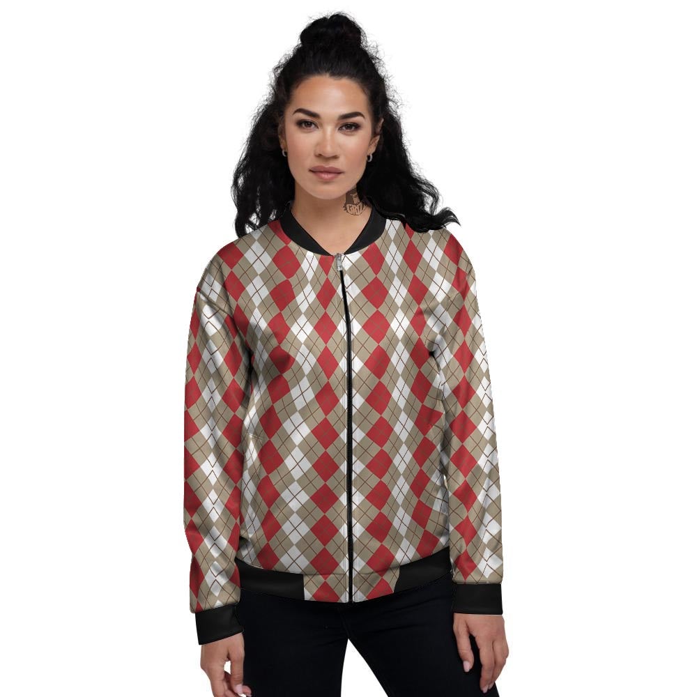 White Argyle And Beige Red Print Pattern Women's Bomber Jacket-grizzshop