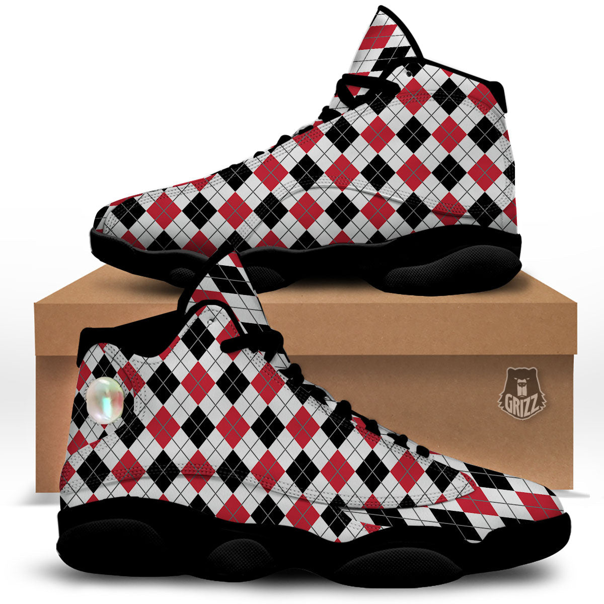 White Argyle And Black Red Print Black Basketball Shoes-grizzshop
