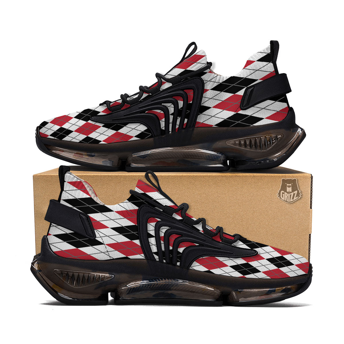 White Argyle And Black Red Print Black Gym Shoes-grizzshop