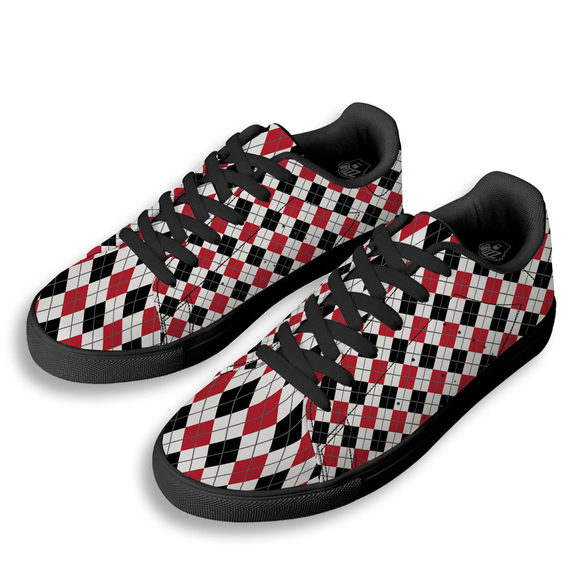 White Argyle And Black Red Print Black Low Top Sneakers-grizzshop