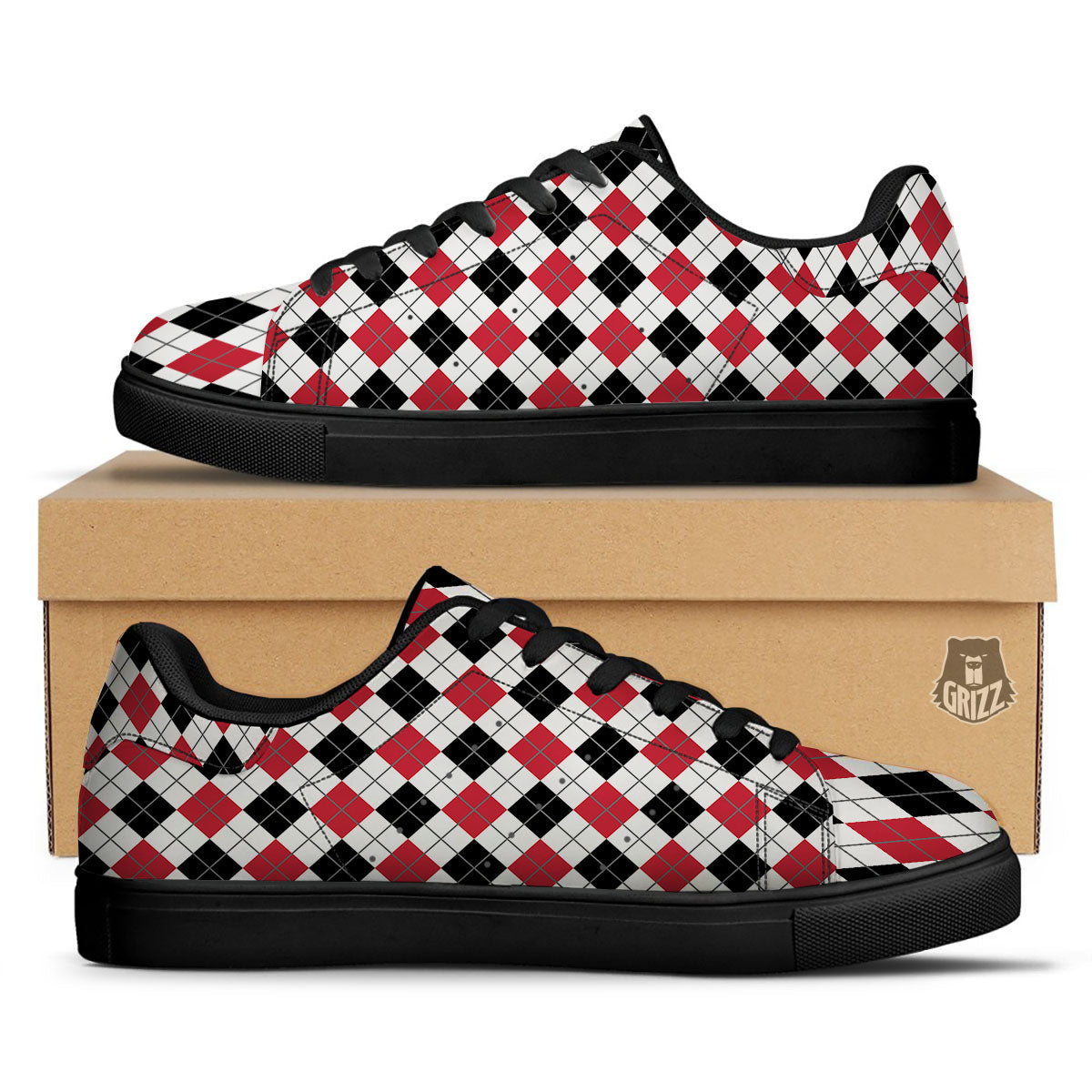 White Argyle And Black Red Print Black Low Top Sneakers-grizzshop
