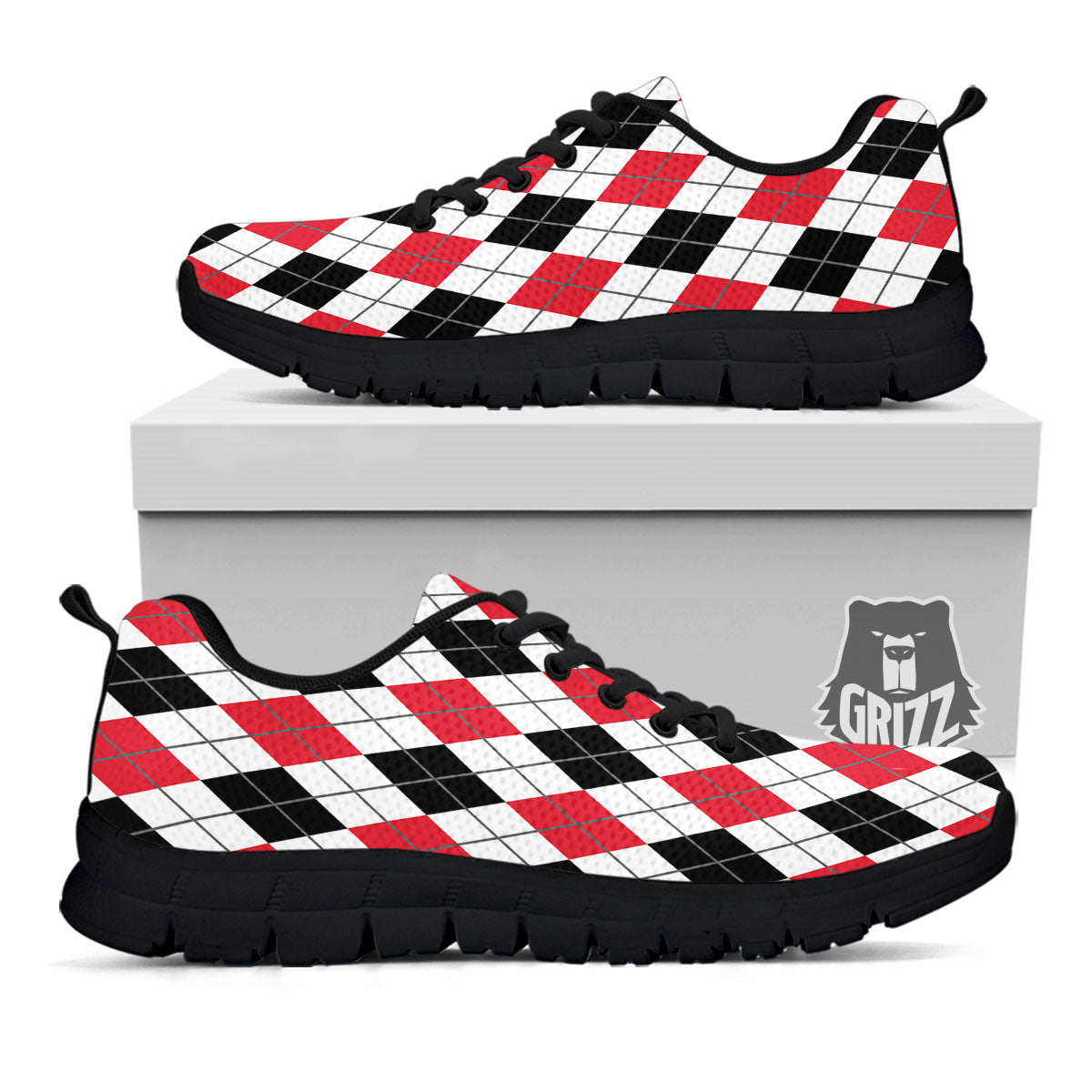 White Argyle And Black Red Print Black Sneaker-grizzshop