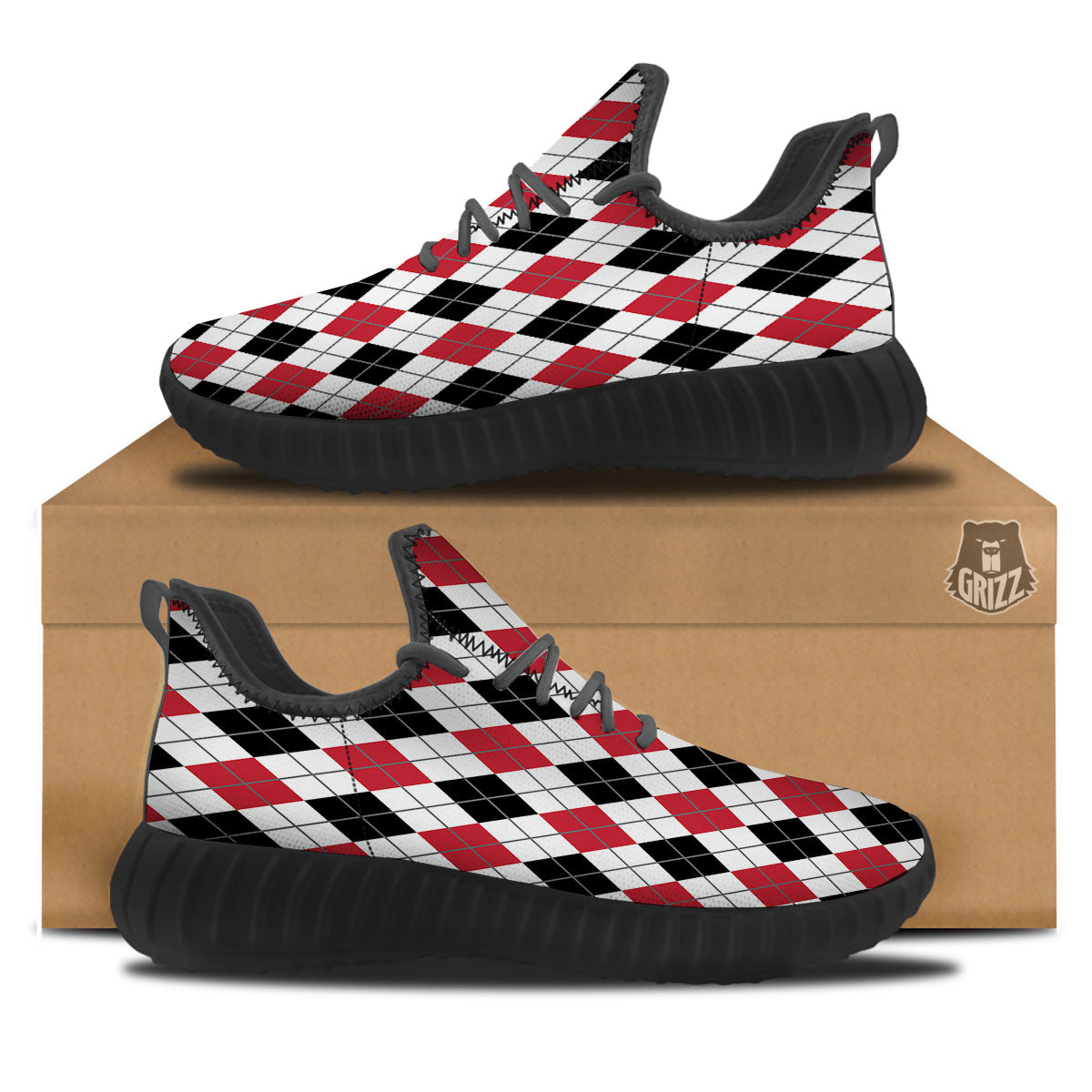 White Argyle And Black Red Print Black Walking Shoes-grizzshop