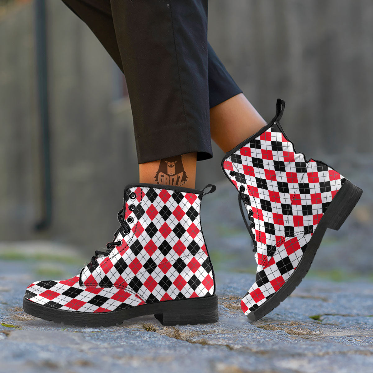 White Argyle And Black Red Print Leather Boots-grizzshop