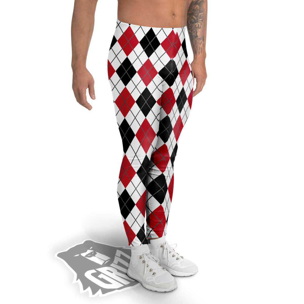 White Argyle And Black Red Print Men's Leggings-grizzshop