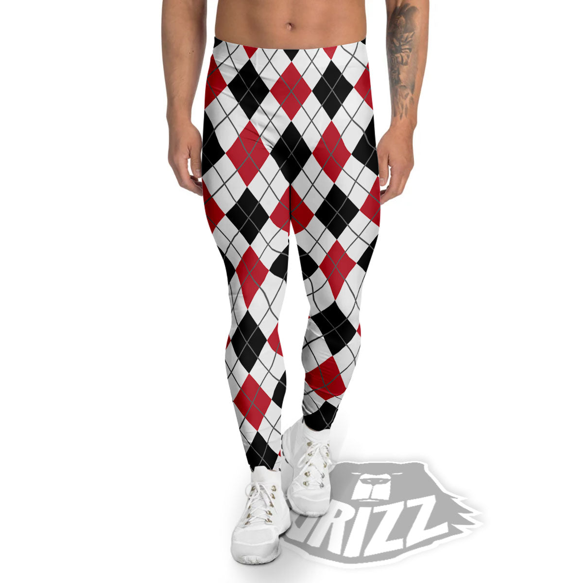 White Argyle And Black Red Print Men's Leggings-grizzshop