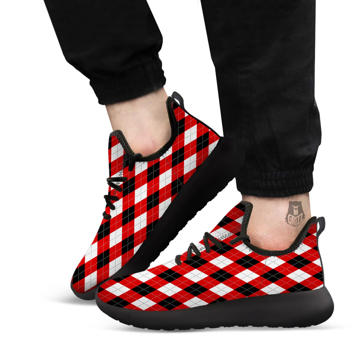 White Argyle And Black Red Print Pattern Black Athletic Shoes-grizzshop