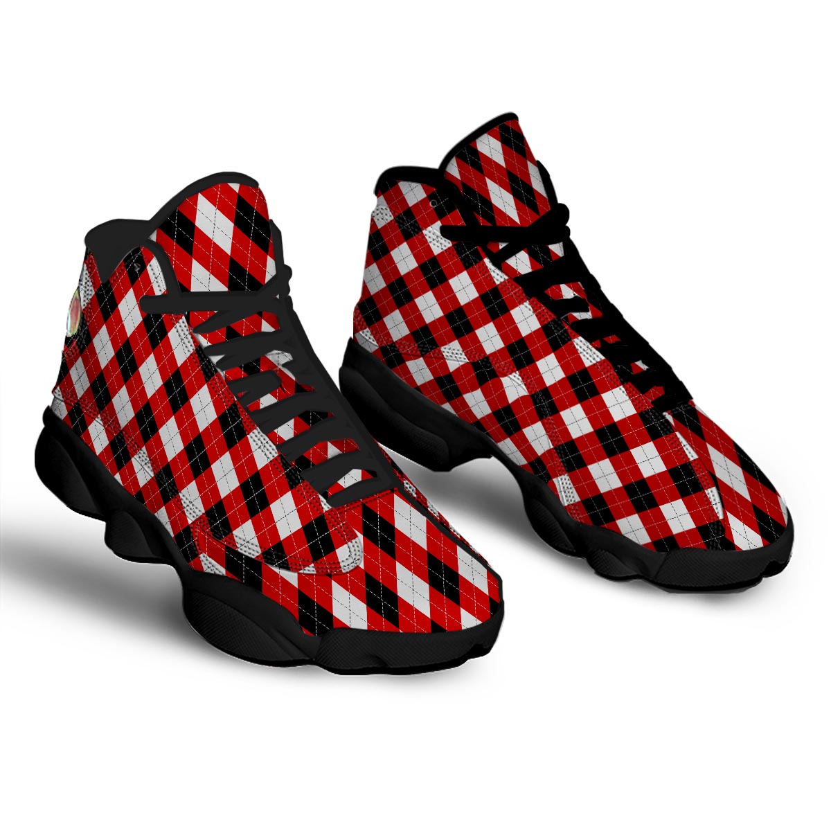 White Argyle And Black Red Print Pattern Black Basketball Shoes-grizzshop