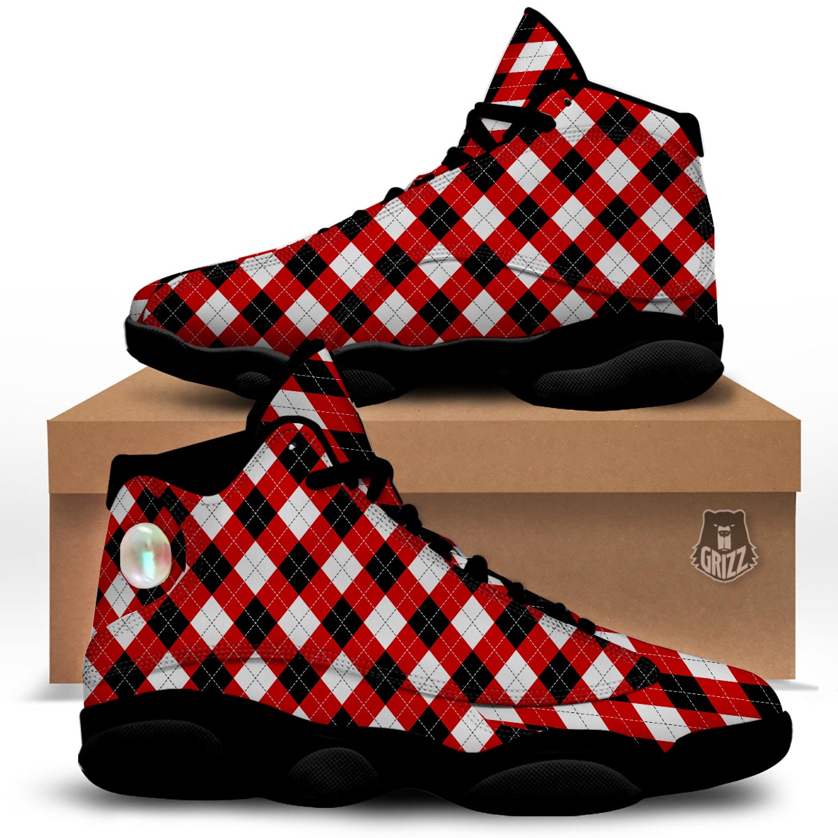 White Argyle And Black Red Print Pattern Black Basketball Shoes-grizzshop