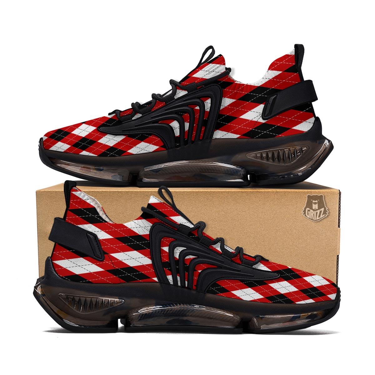White Argyle And Black Red Print Pattern Black Gym Shoes-grizzshop