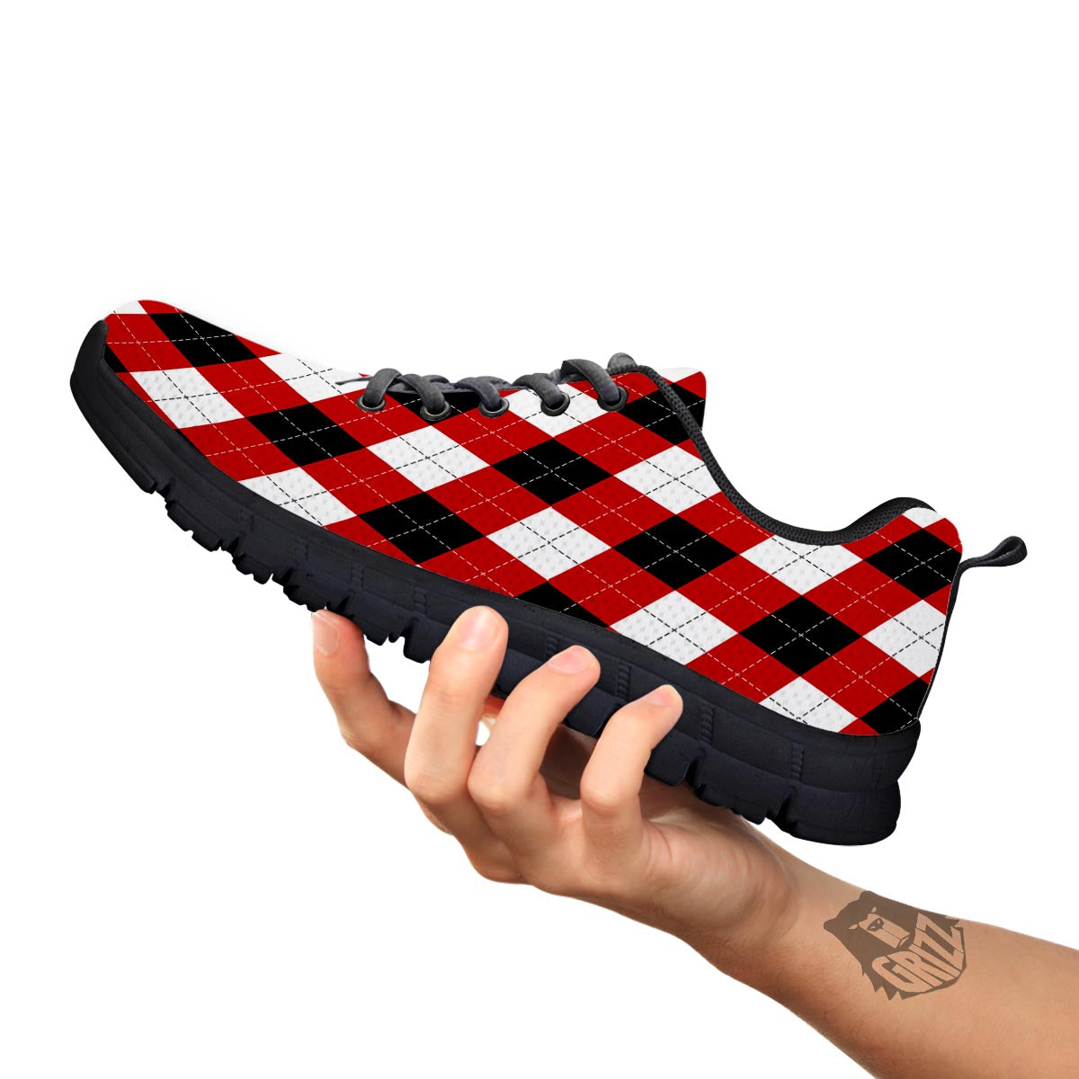 White Argyle And Black Red Print Pattern Black Sneaker-grizzshop