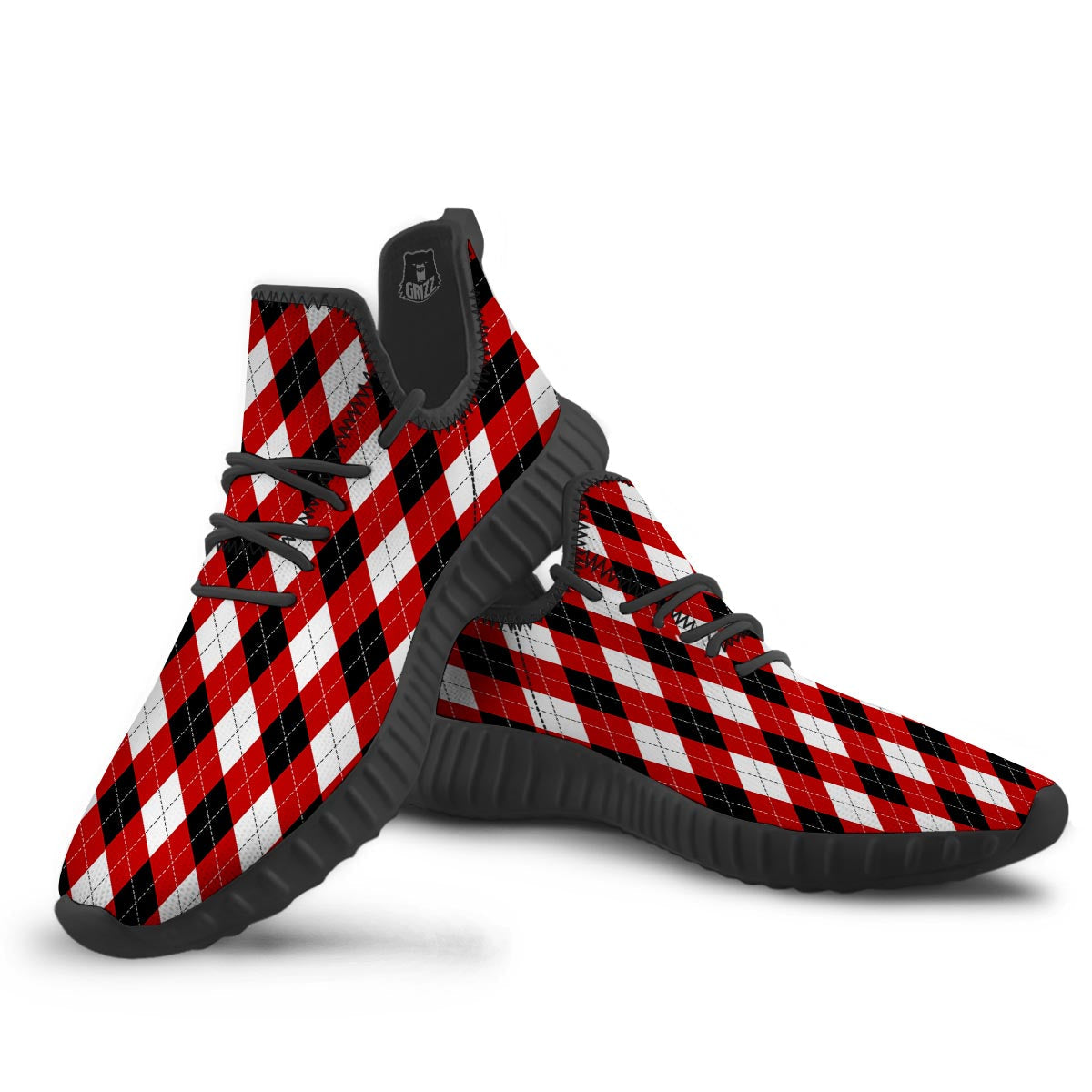 White Argyle And Black Red Print Pattern Black Walking Shoes-grizzshop