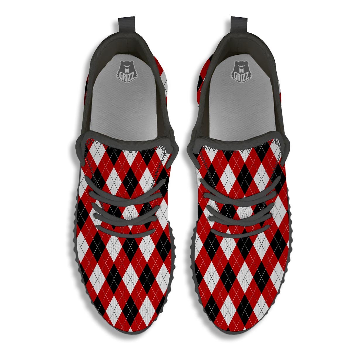 White Argyle And Black Red Print Pattern Black Walking Shoes-grizzshop