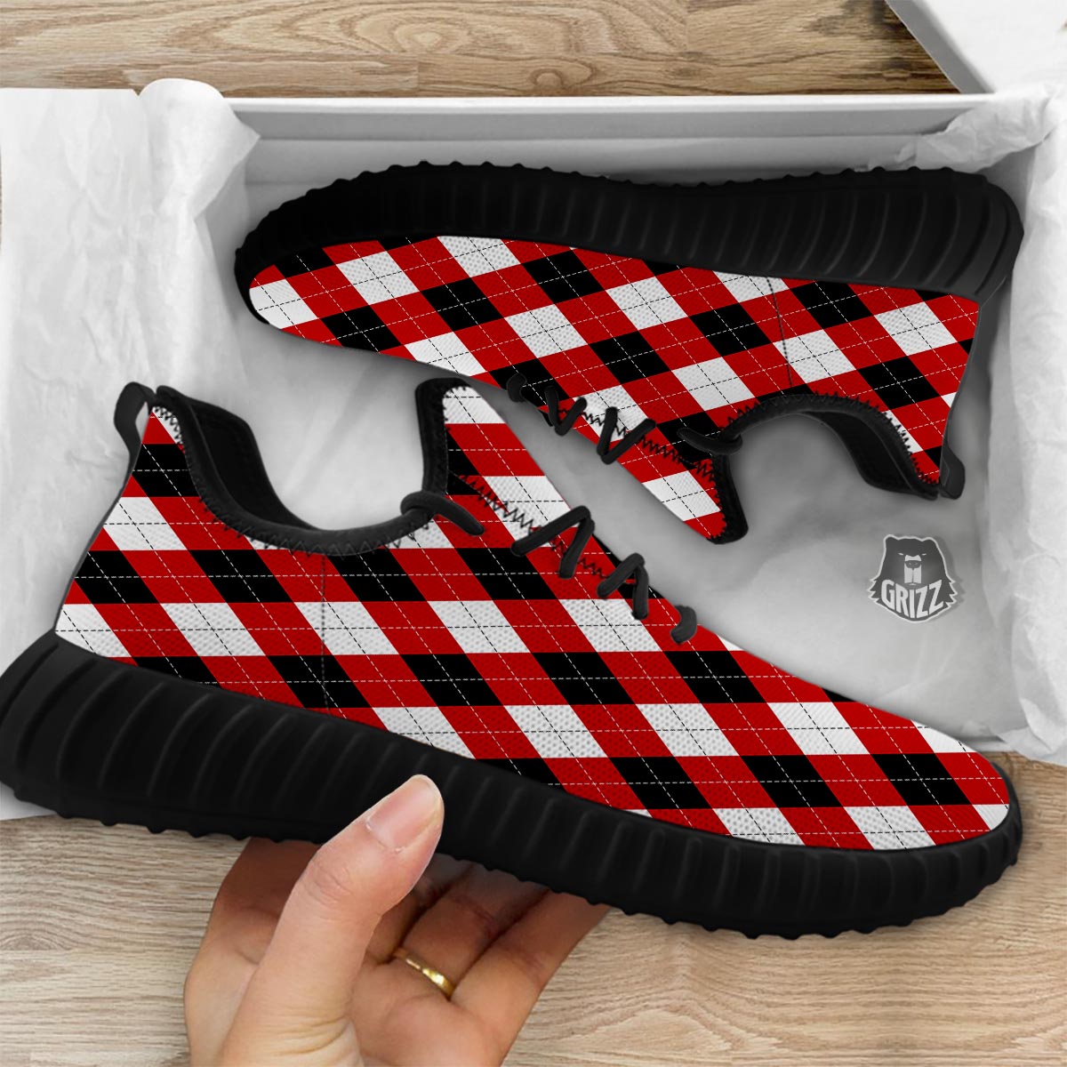 White Argyle And Black Red Print Pattern Black Walking Shoes-grizzshop