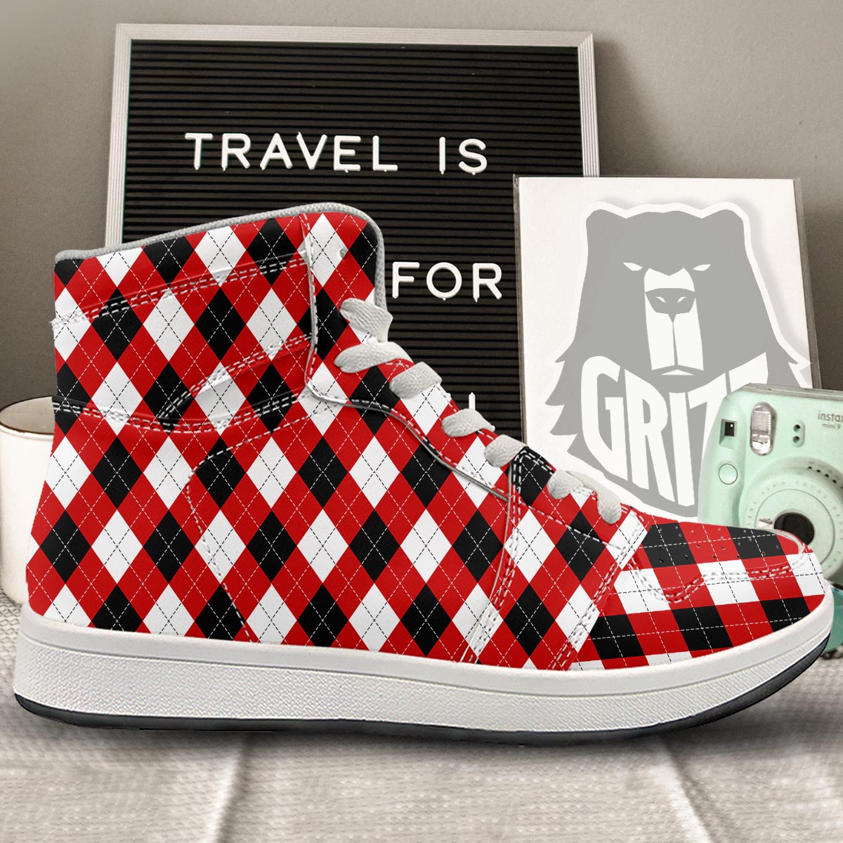White Argyle And Black Red Print Pattern High Top Sneakers-grizzshop