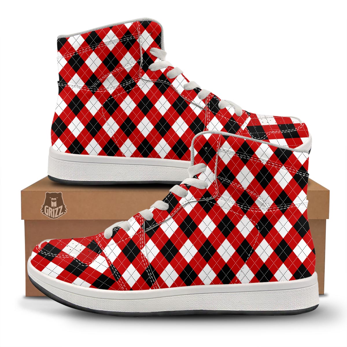 White Argyle And Black Red Print Pattern High Top Sneakers-grizzshop