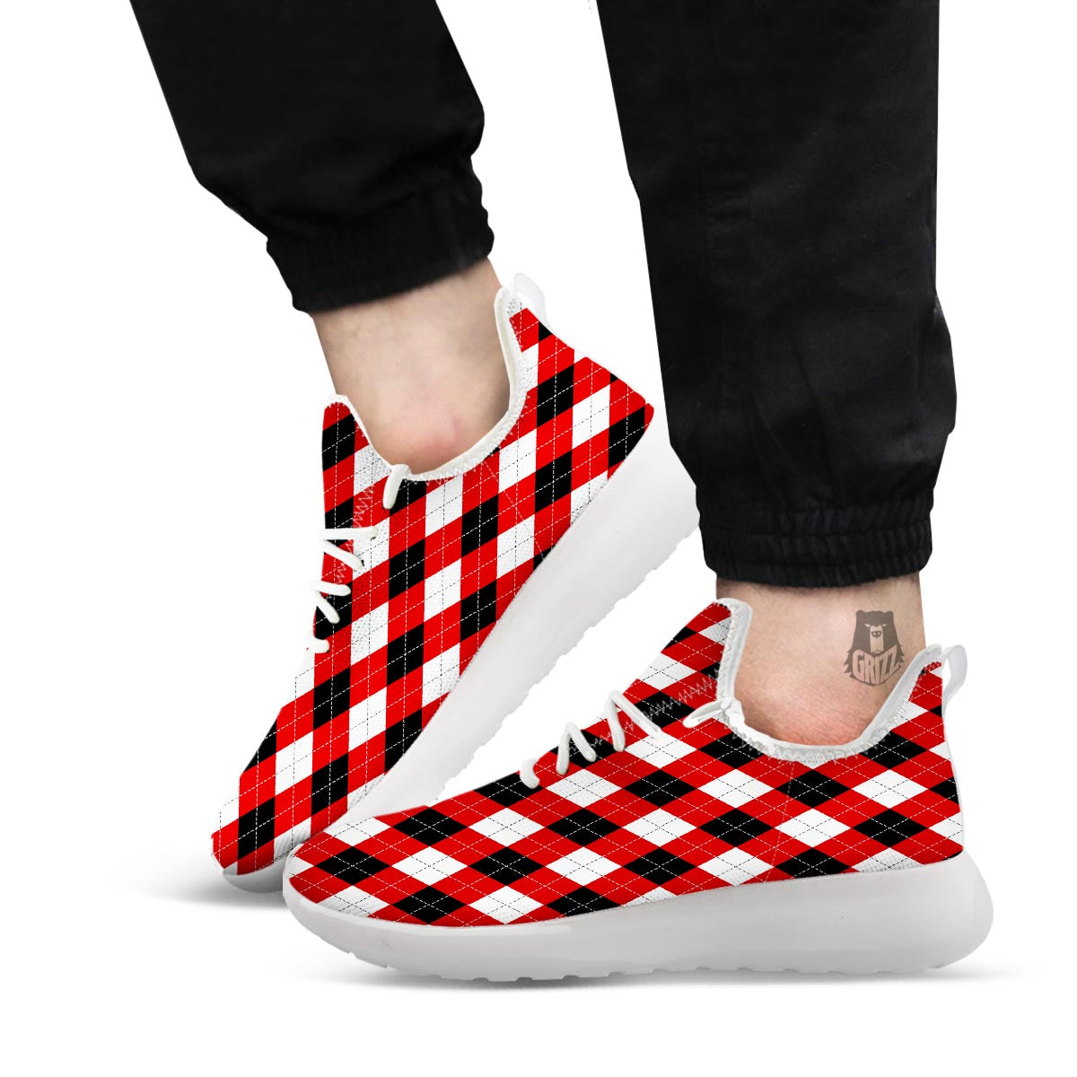 White Argyle And Black Red Print Pattern White Athletic Shoes-grizzshop