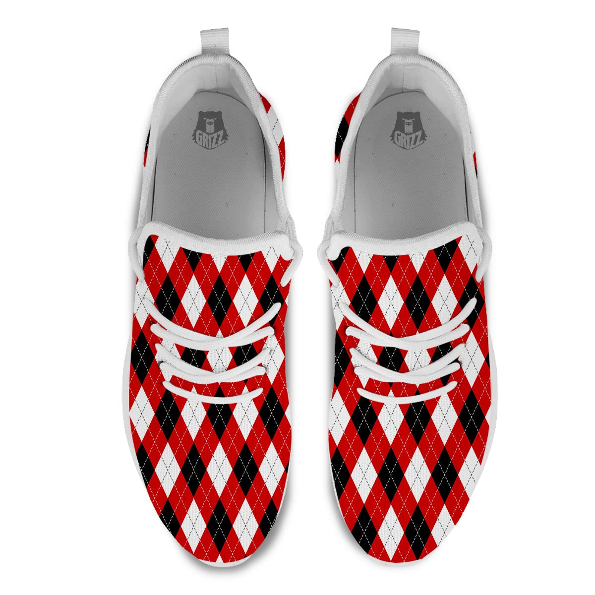 White Argyle And Black Red Print Pattern White Athletic Shoes-grizzshop