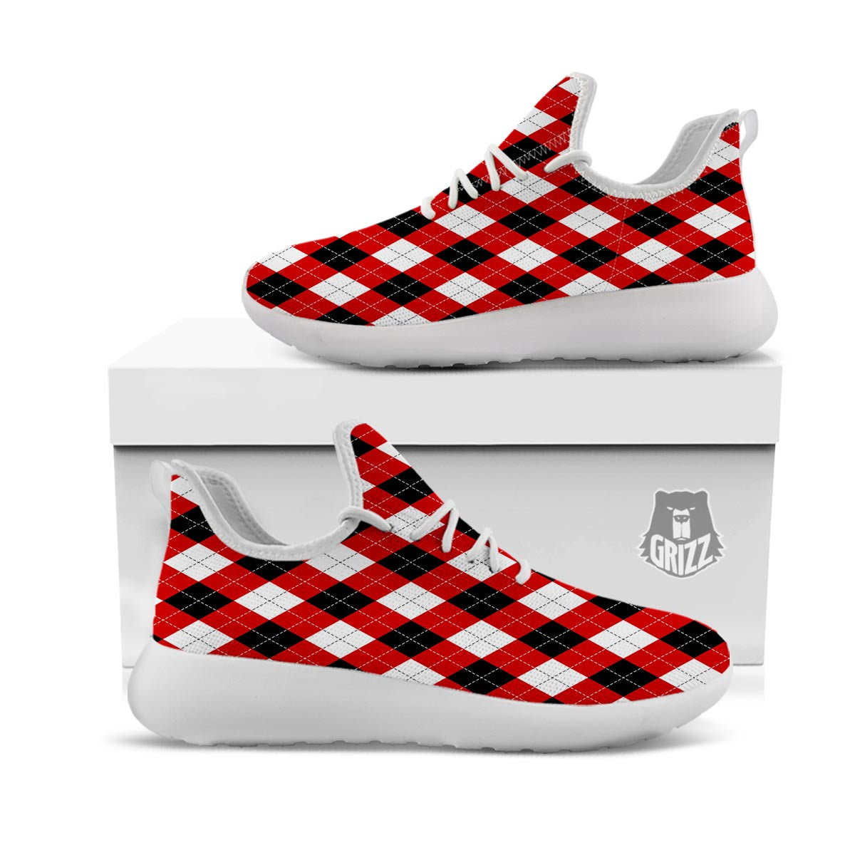 White Argyle And Black Red Print Pattern White Athletic Shoes-grizzshop