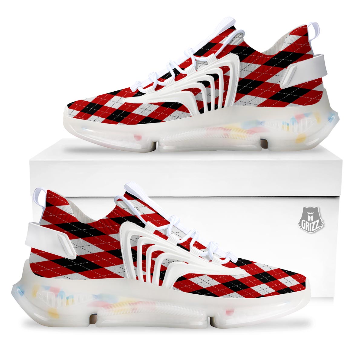 White Argyle And Black Red Print Pattern White Gym Shoes-grizzshop