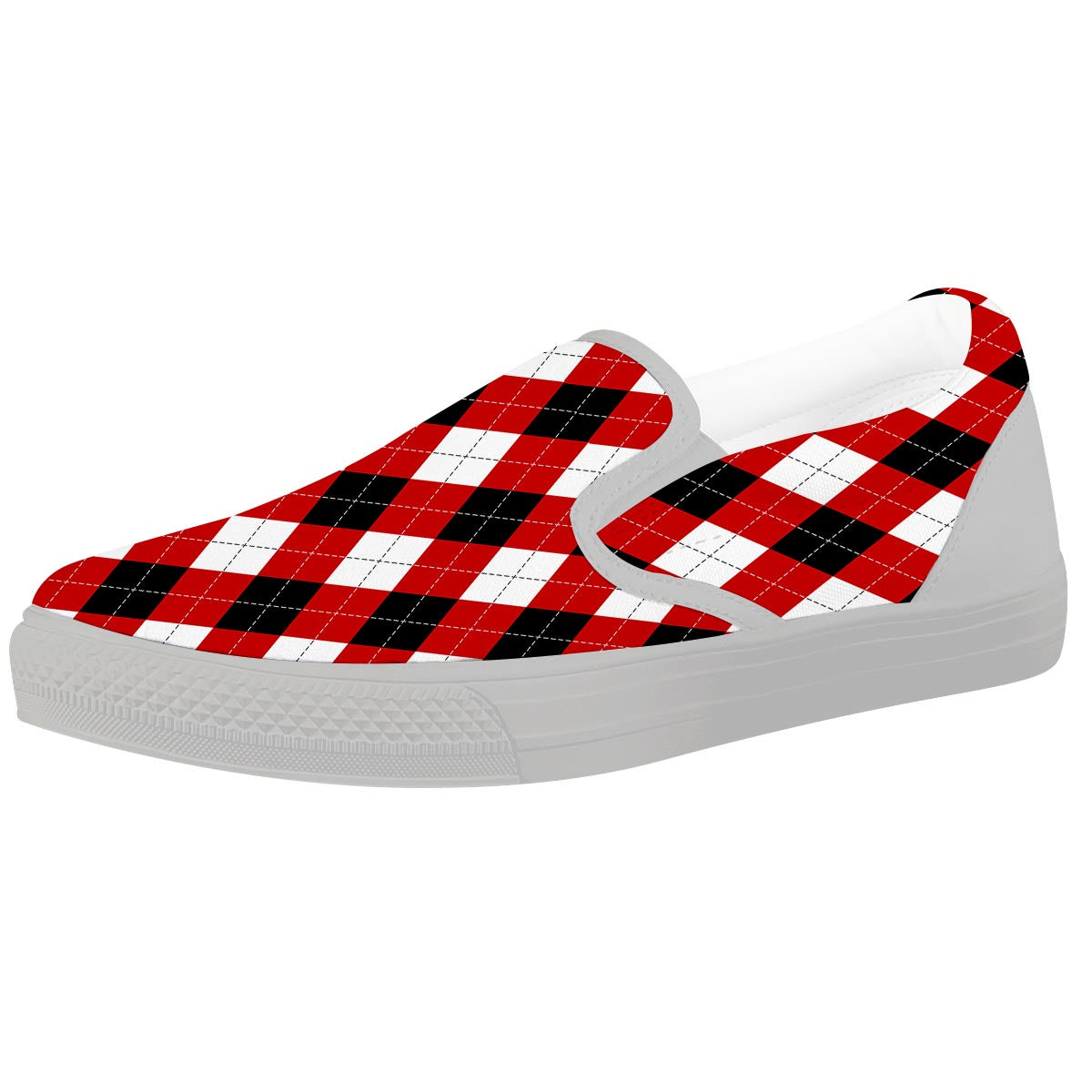 White Argyle And Black Red Print Pattern White Slip On Shoes-grizzshop