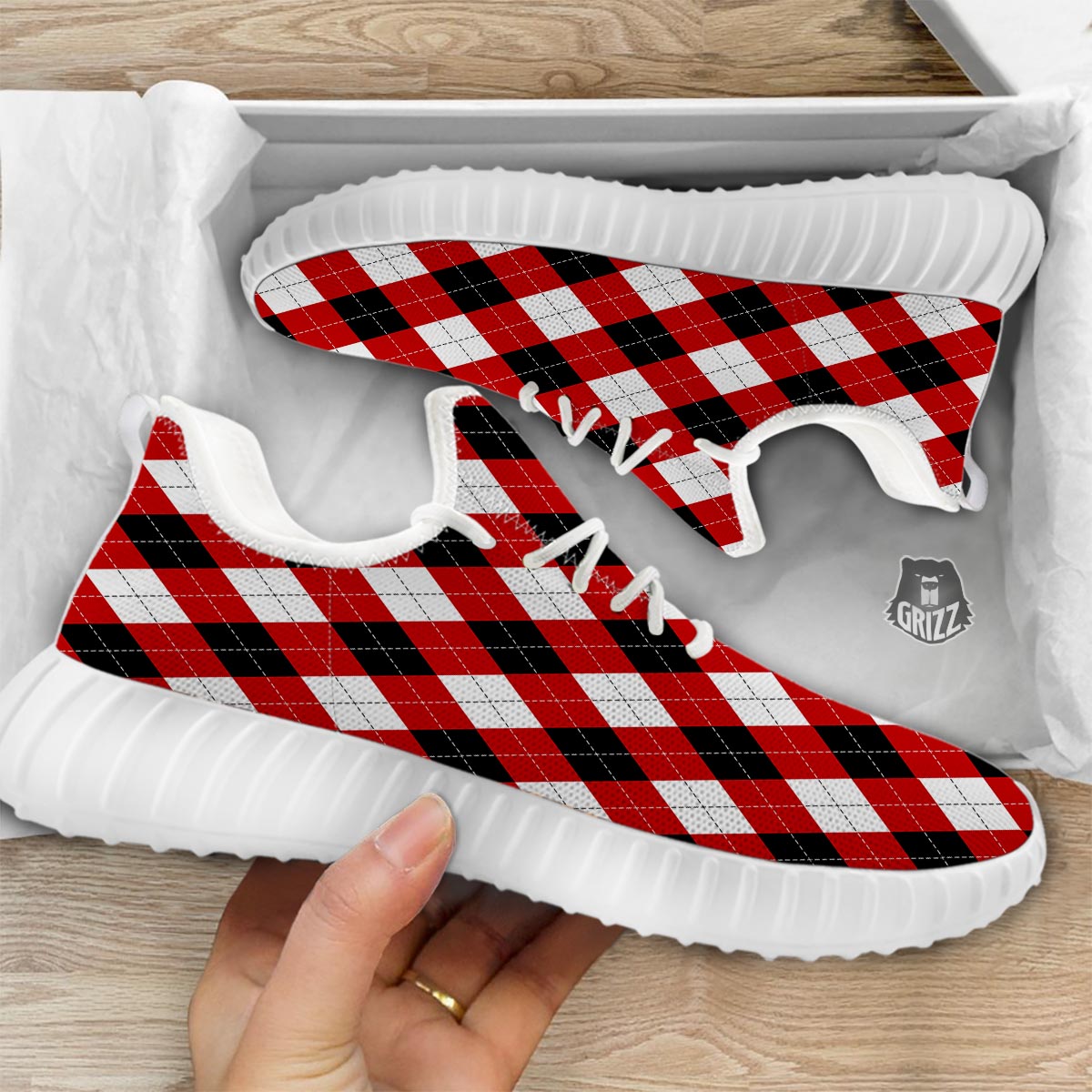 White Argyle And Black Red Print Pattern White Walking Shoes-grizzshop