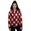 White Argyle And Black Red Print Pattern Women's Bomber Jacket-grizzshop