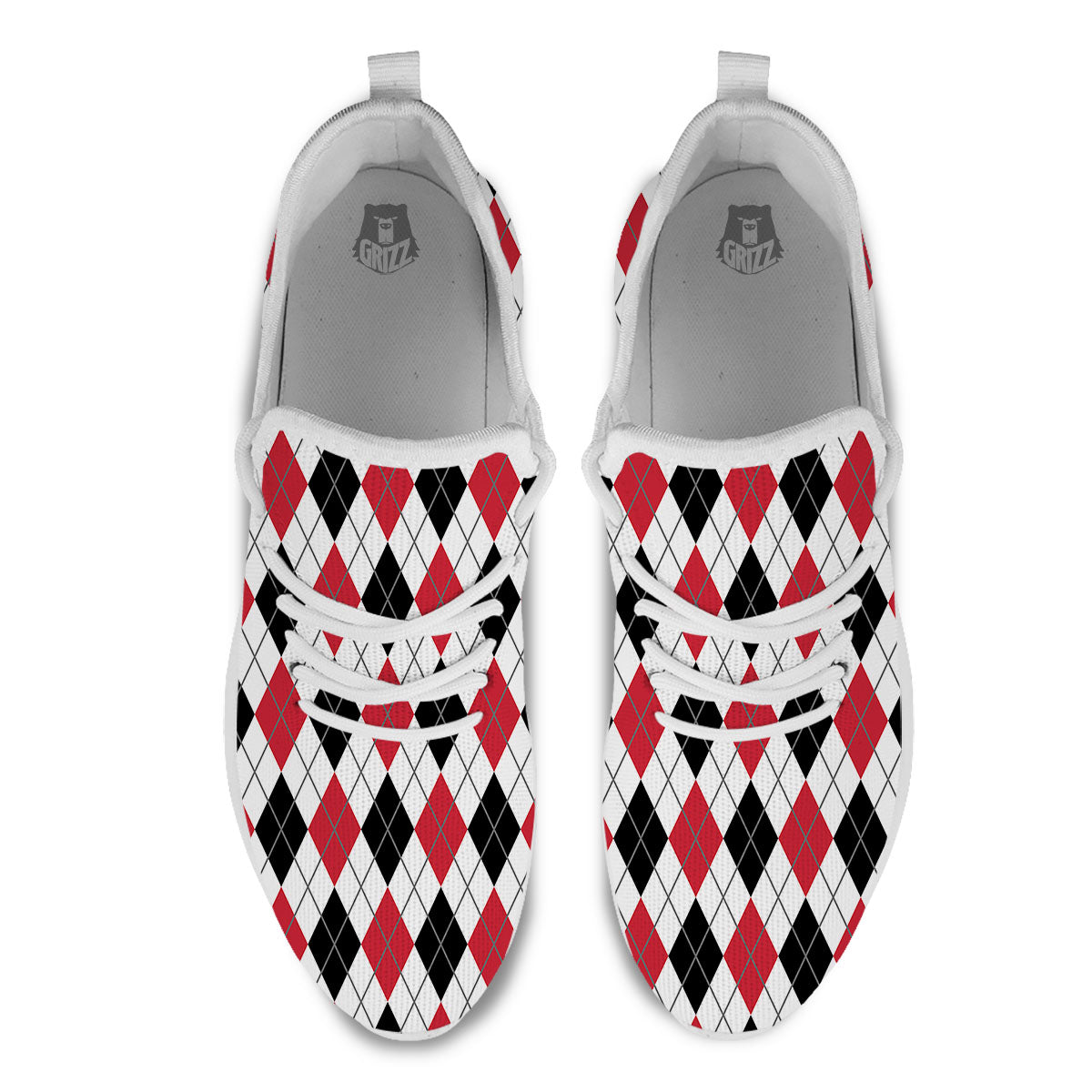 White Argyle And Black Red Print White Athletic Shoes-grizzshop