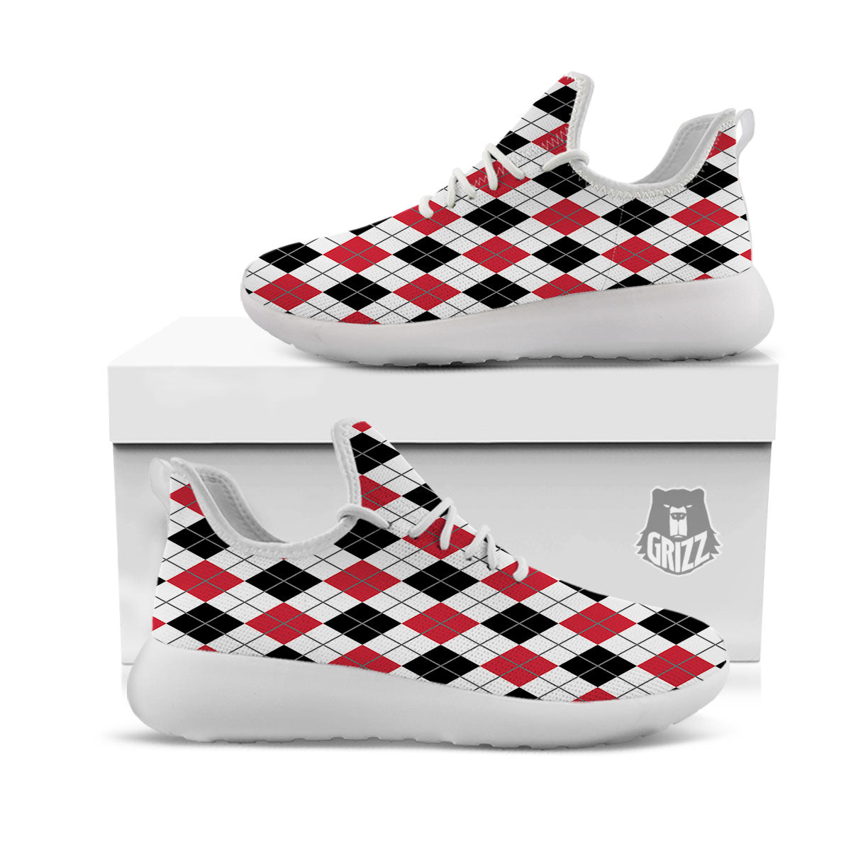 White Argyle And Black Red Print White Athletic Shoes-grizzshop