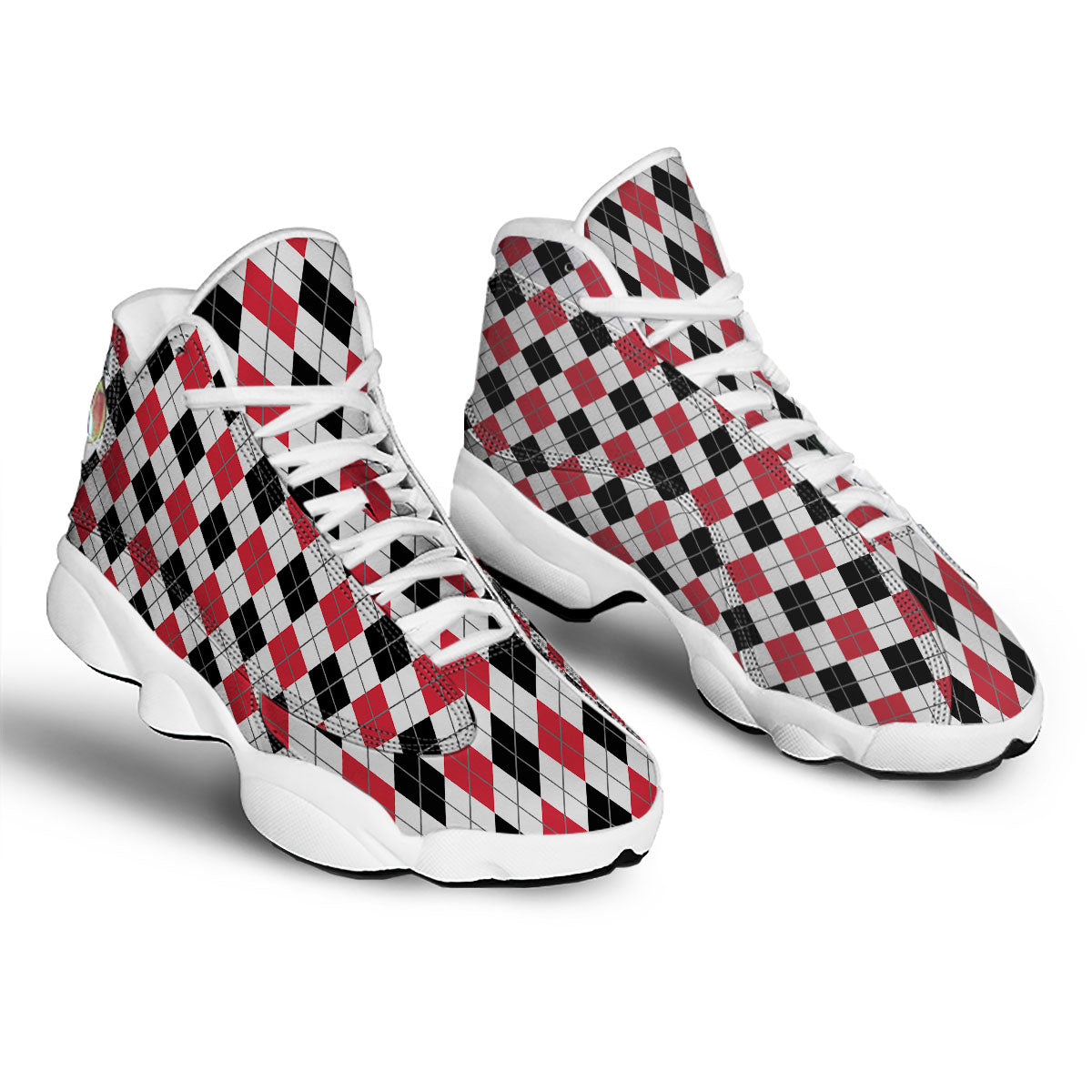 White Argyle And Black Red Print White Basketball Shoes-grizzshop