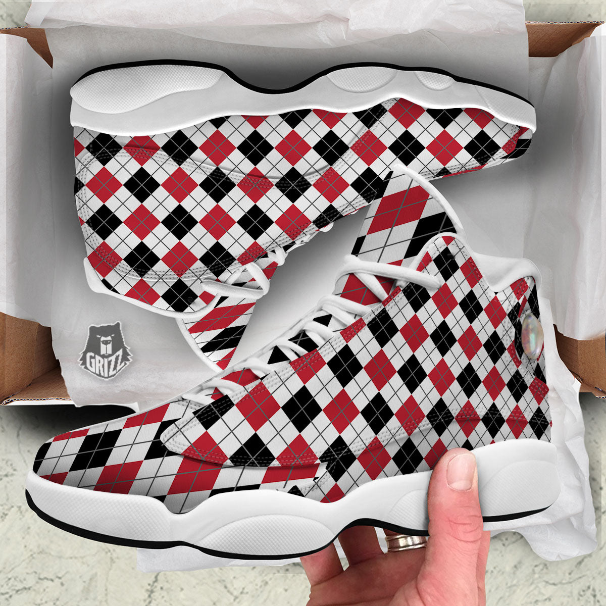 White Argyle And Black Red Print White Basketball Shoes-grizzshop