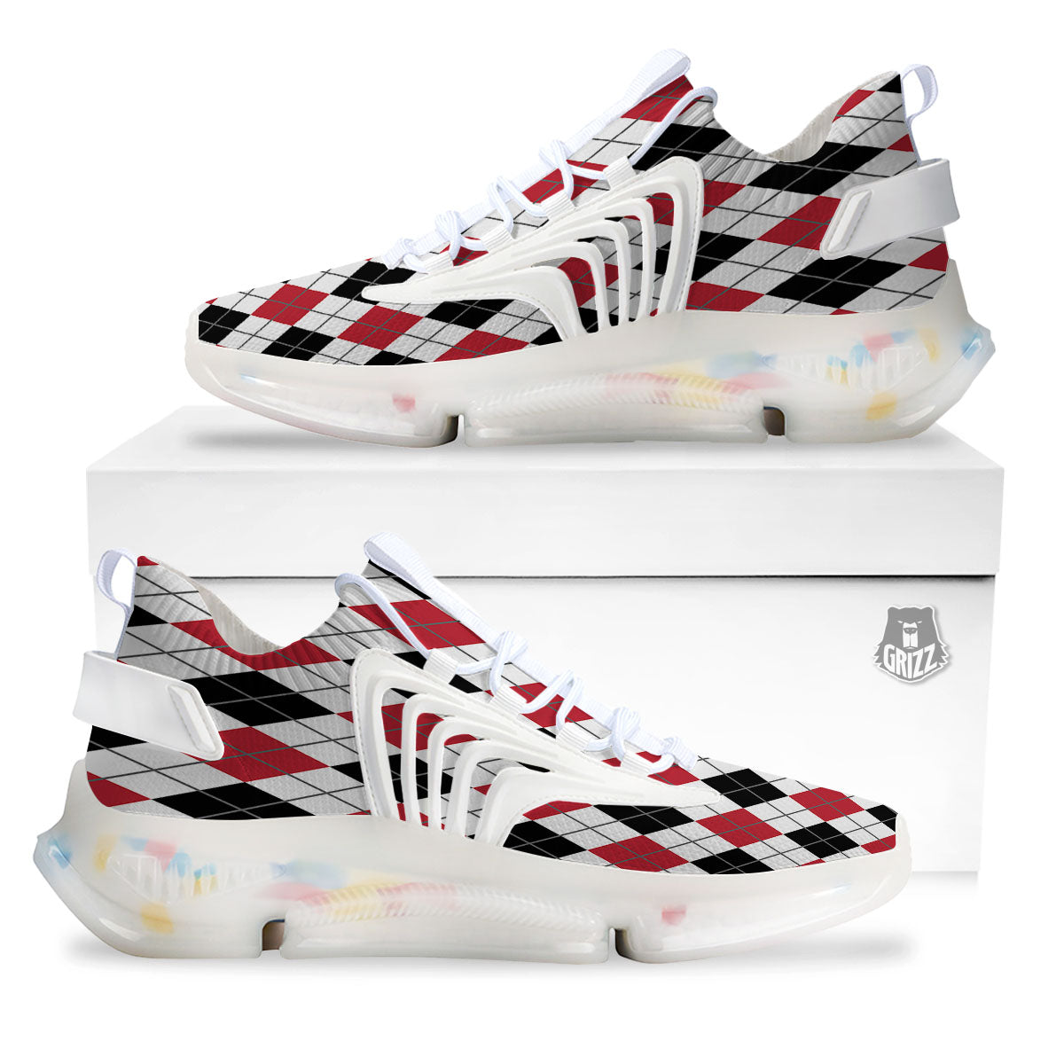 White Argyle And Black Red Print White Gym Shoes-grizzshop