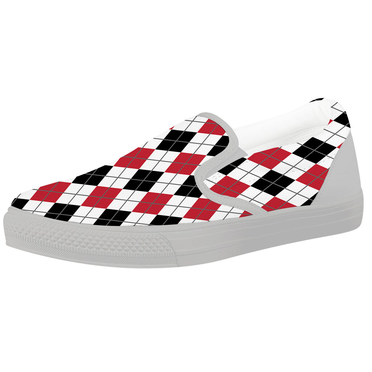 White Argyle And Black Red Print White Slip On Shoes-grizzshop