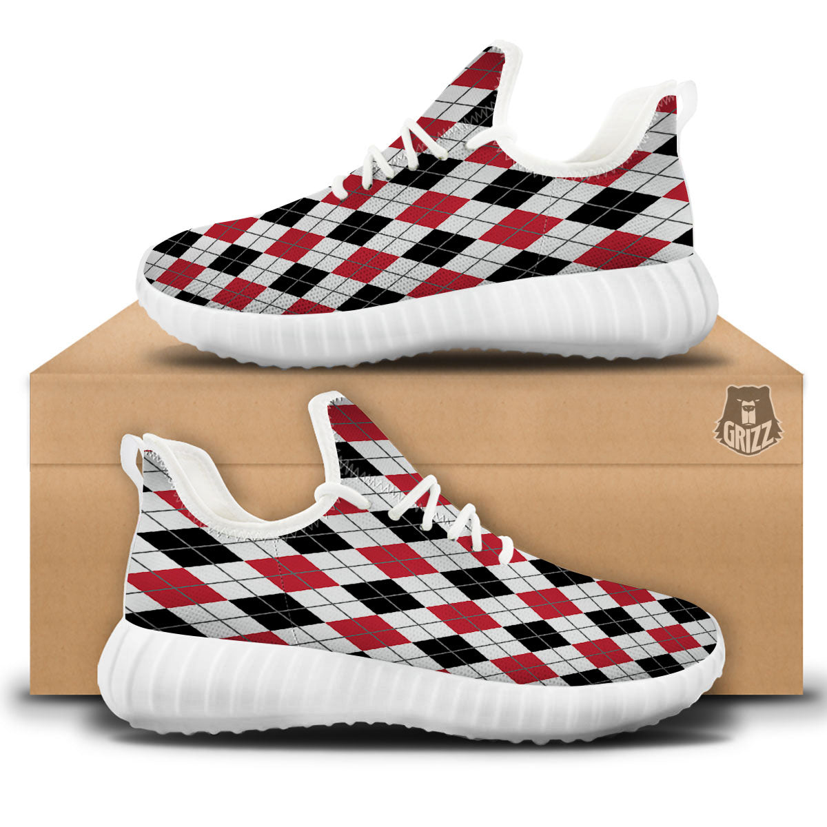 White Argyle And Black Red Print White Walking Shoes-grizzshop