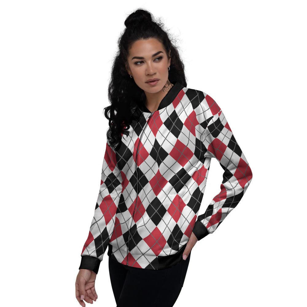 White Argyle And Black Red Print Women's Bomber Jacket-grizzshop