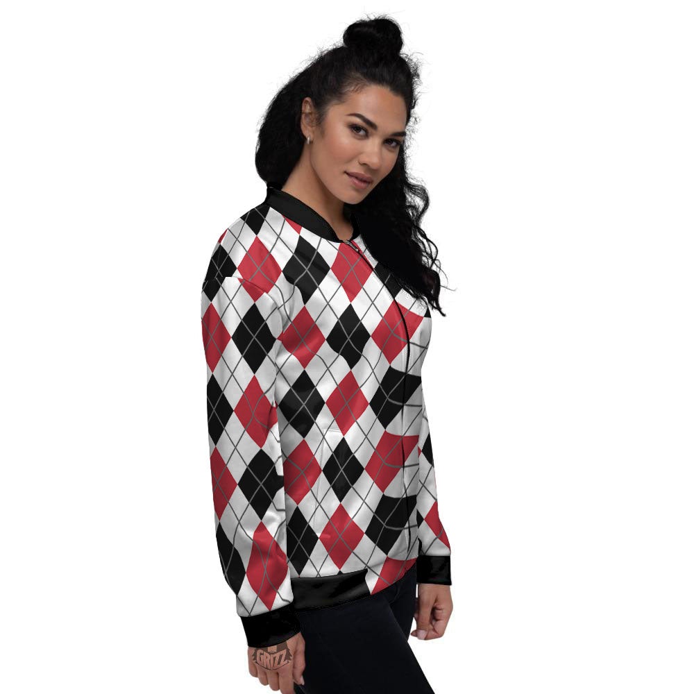 White Argyle And Black Red Print Women's Bomber Jacket-grizzshop