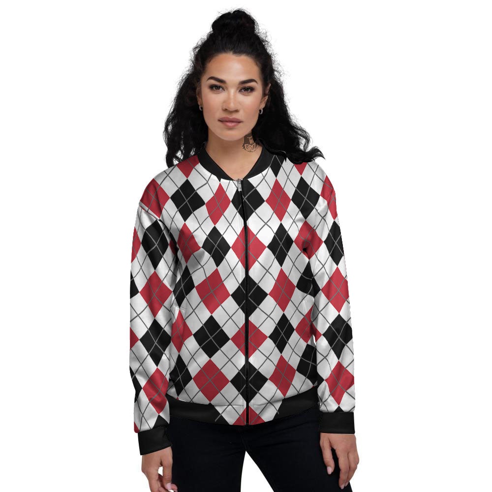 White Argyle And Black Red Print Women's Bomber Jacket-grizzshop