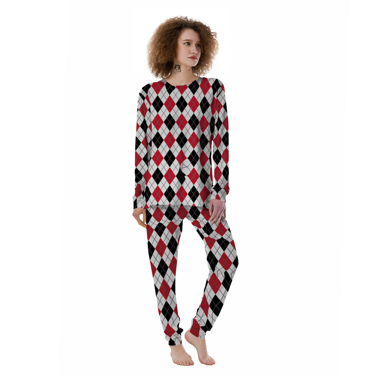 White Argyle And Black Red Print Women's Pajamas-grizzshop