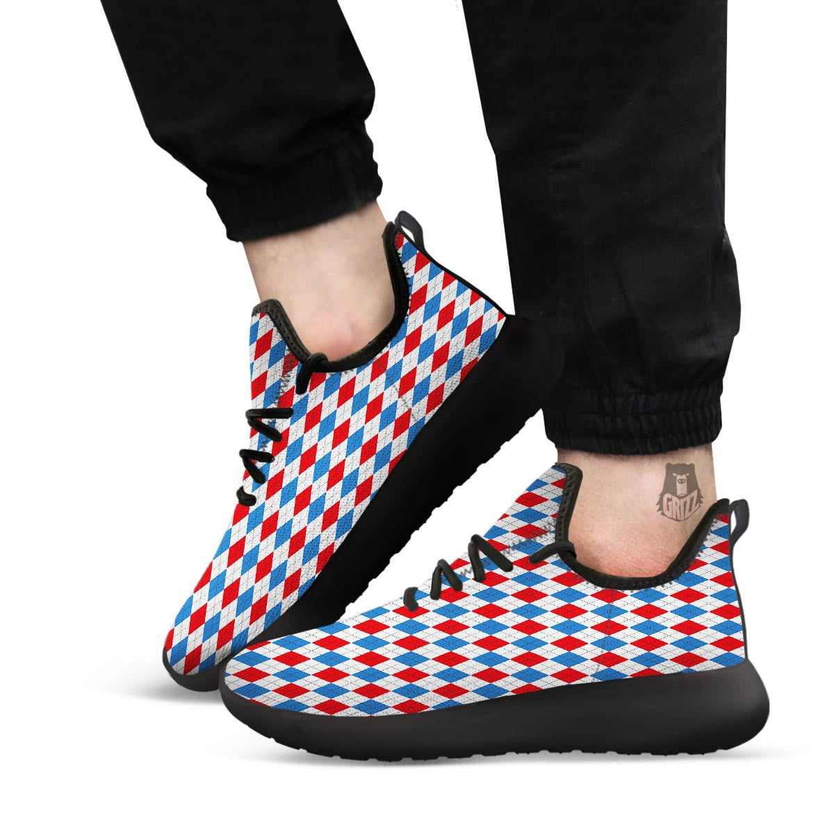 White Argyle And Blue Red Print Pattern Black Athletic Shoes-grizzshop