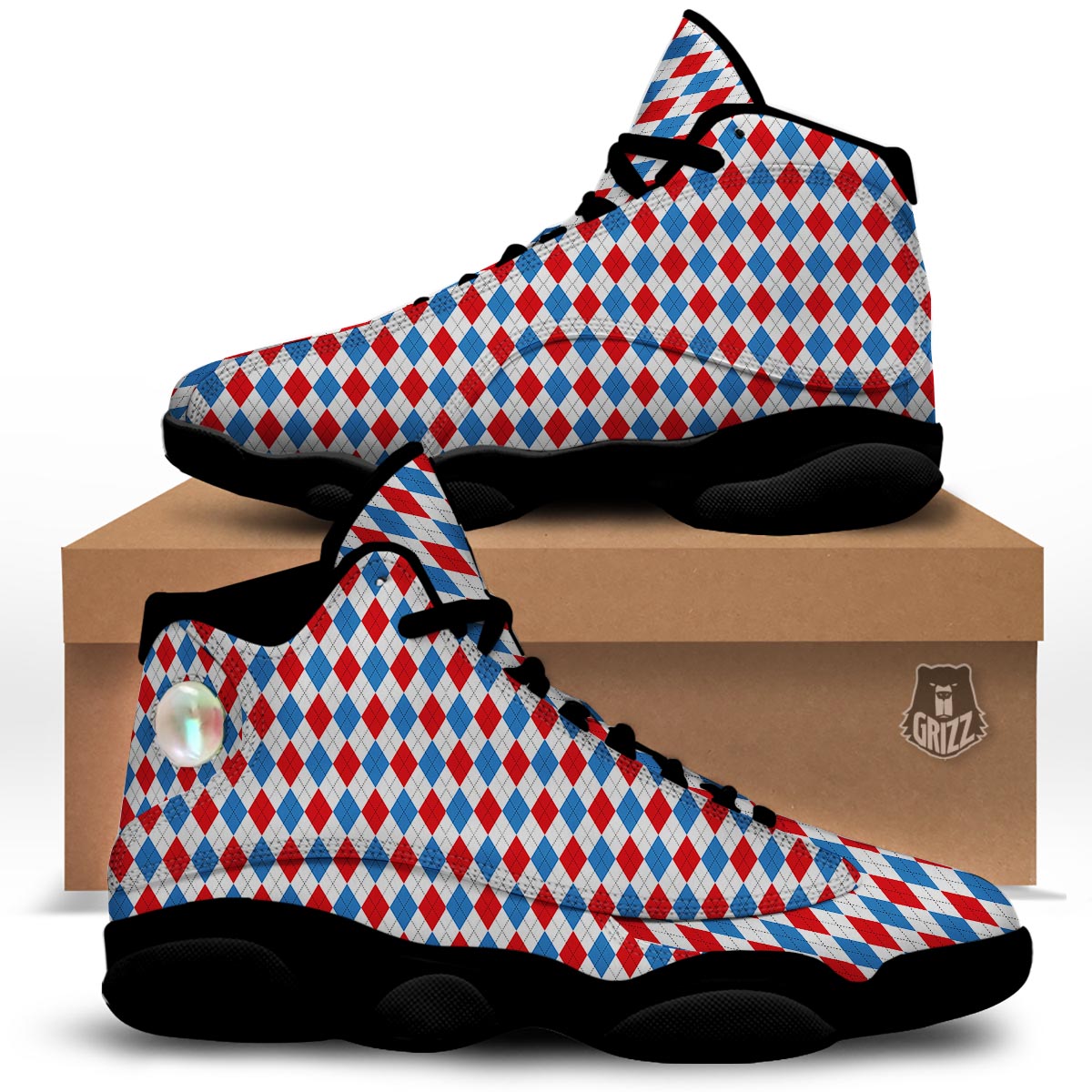 White Argyle And Blue Red Print Pattern Black Basketball Shoes-grizzshop