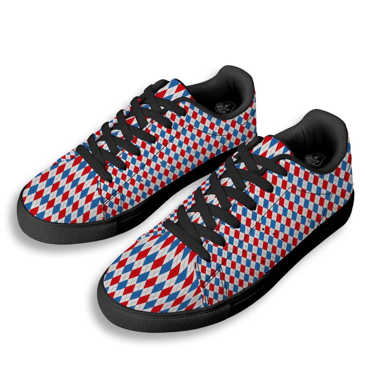 White Argyle And Blue Red Print Pattern Black Low Top Sneakers-grizzshop