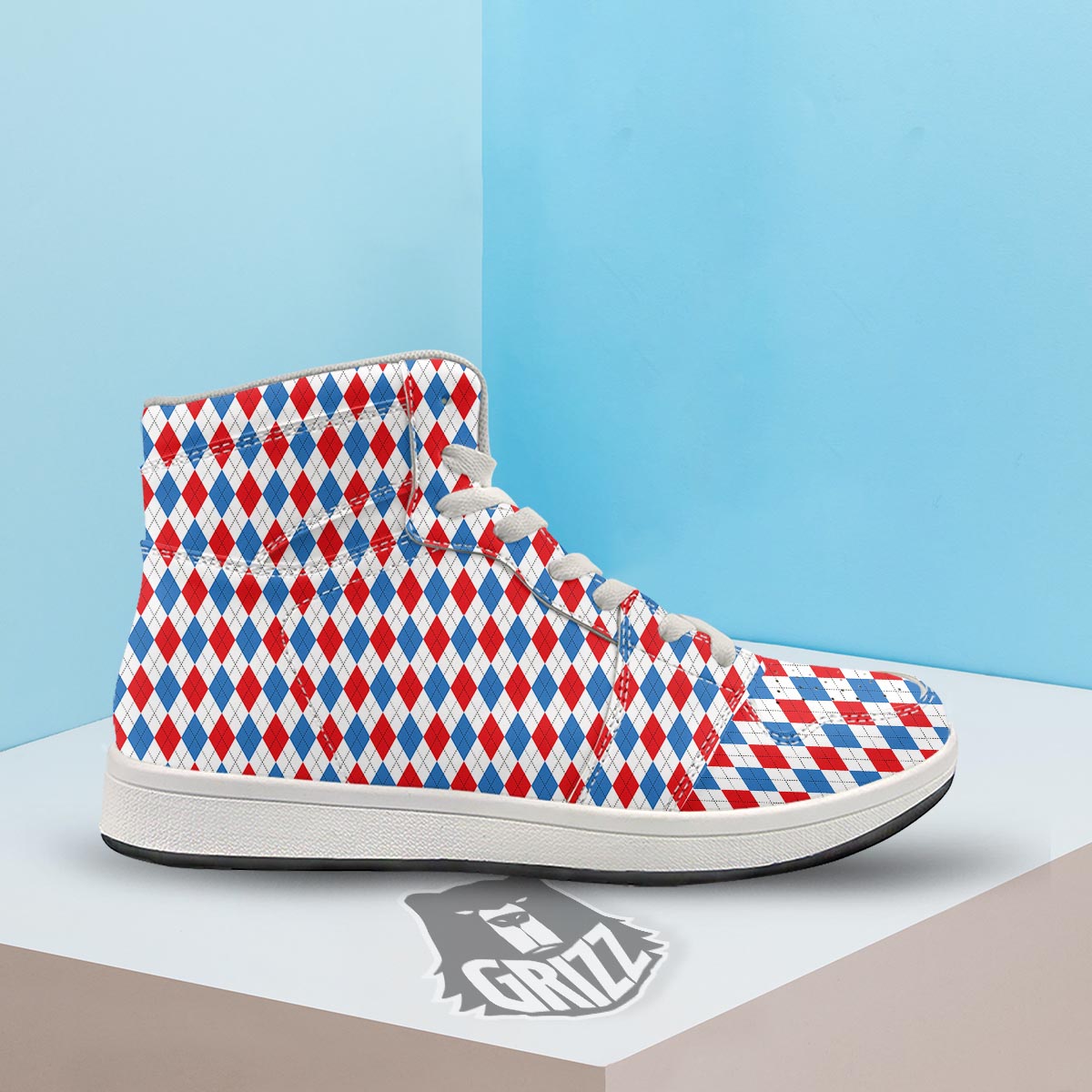 White Argyle And Blue Red Print Pattern High Top Sneakers-grizzshop