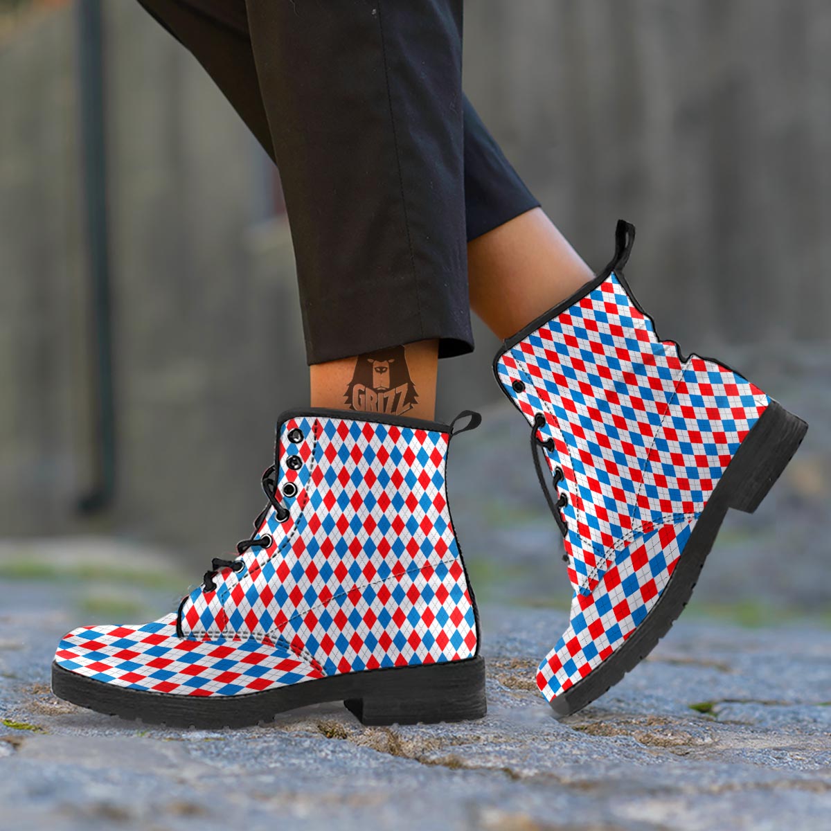 White Argyle And Blue Red Print Pattern Leather Boots-grizzshop
